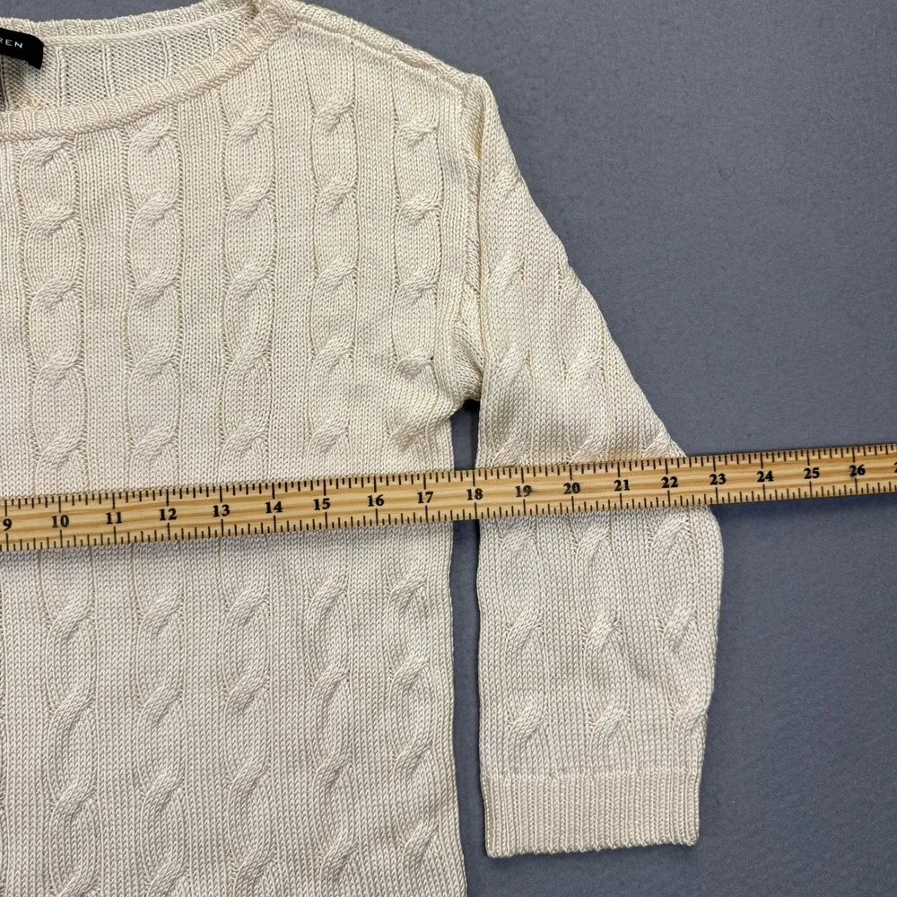 Ralph Lauren Womens Cream 100% Silk Cable Knit Boat Neck 3/4 Sleeve Sweater M
